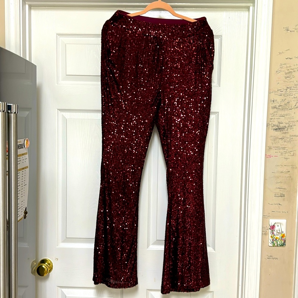 Burgundy sequin flare leg pants